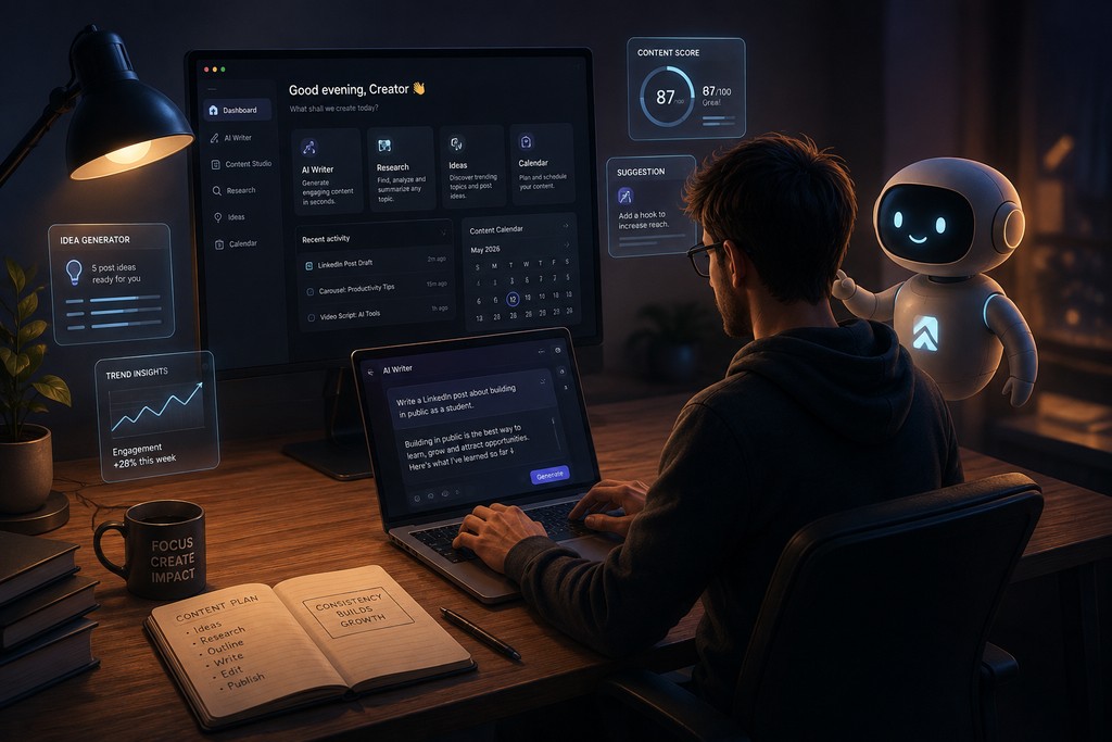 Illustration of AI tools for writing and research, featuring digital notebooks and a virtual assistant.