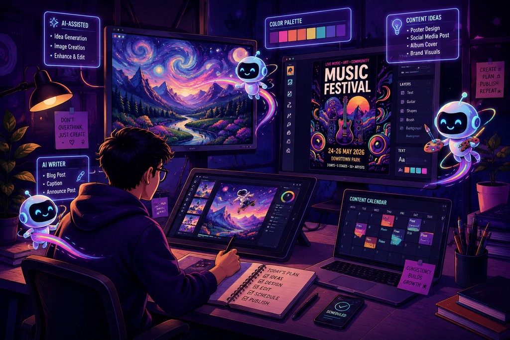 Illustration of AI-driven design tools with digital canvases and graphic elements.
