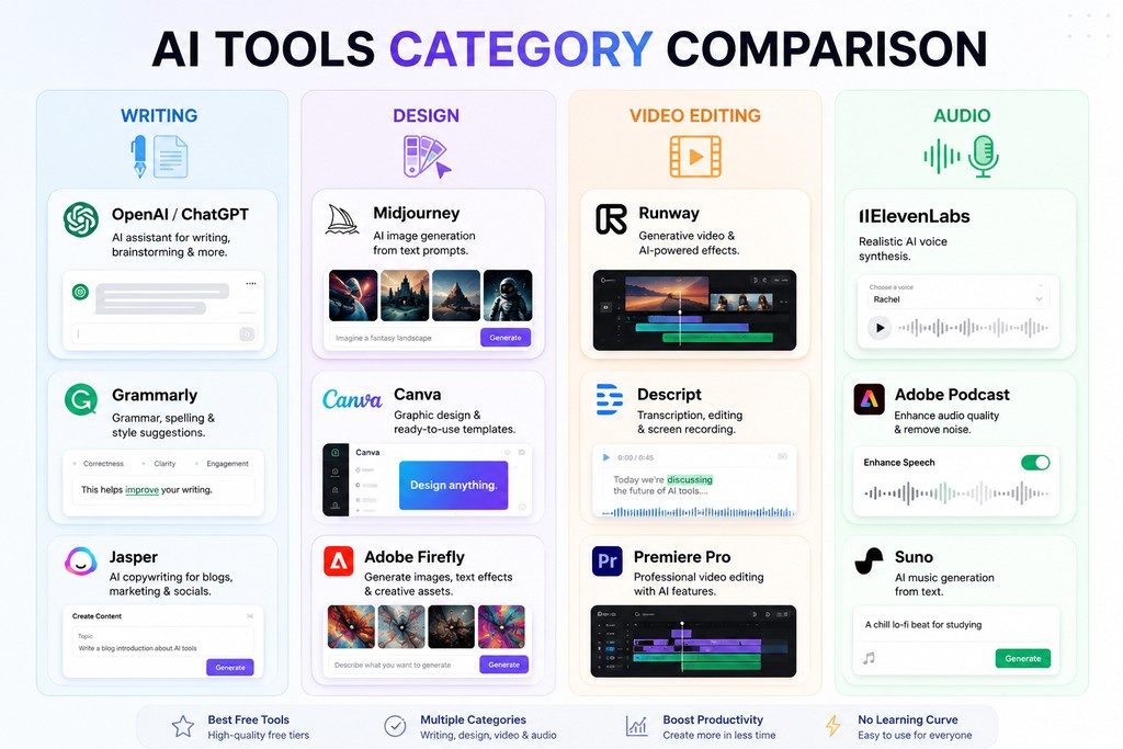 Comparison of AI tools categorized by function with icons and UI elements.